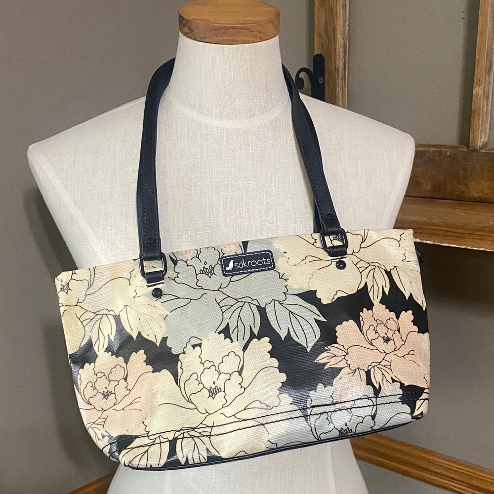 Sakroots Black and Cream Floral Shoulder Bag